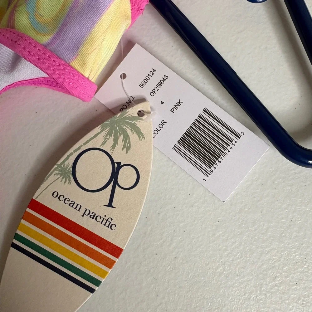 Ocean Pacific Girls 4 Pink Marble Cut Out One Piece Swimsuit with Mesh‎ Skirt